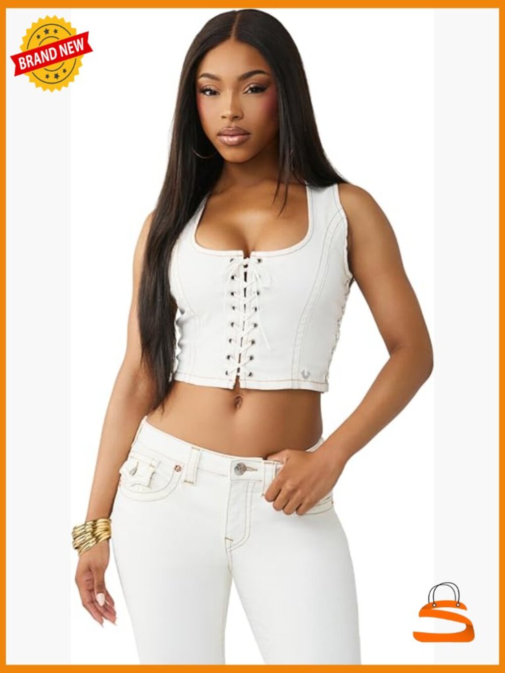 Cropped Lace Up Denim Vest with Horseshoe Details Stretch Cotton Blend